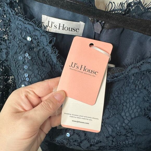 JJ's House Sheath Off the Shoulder Knee-Length Lace Evening Dress Navy Sequins - Picture 3 of 6